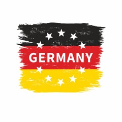 Colored illustration of flag, stars and text on a white background. Vector illustration with grunge texture for logo, emblem, print, sticker. Flag, symbols of Germany. Made in Germany.