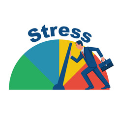 The businessman reduces stress levels. Push the instrument arrow. Stress regulation. Reduce load. Vector illustration flat design. Isolated on white background.