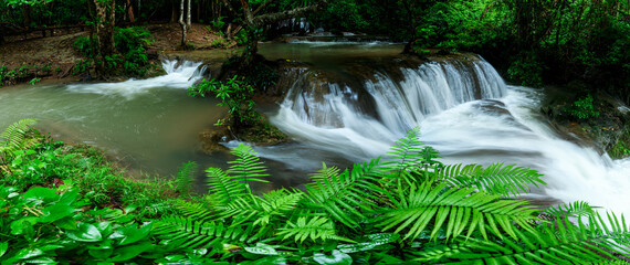 Panele Szklane  Panoramiczny piękny wodospad w głębokim lesie w Tajlandii.