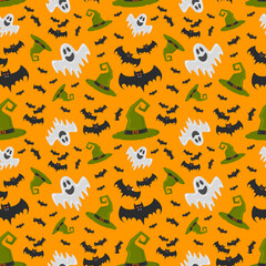 Pattern with ghost, bats and witch hat . Helloween.  illustration. or gift paper, textiles, clothes, social networks, wallpaper, prints, festive decor.