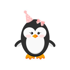 Cute penguin baby girl in happy birthday party cap isolated on white background. Flat design cartoon style sweet animal bird character vector illustration.