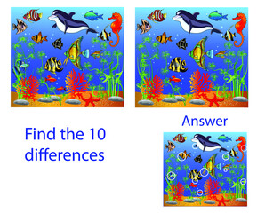 Children's illustration Visual Puzzle: find ten differences from the Dolphin and fish in the sea