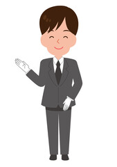 笑顔で案内するスーツ姿の男性スタッフ