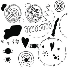 Cosmic planet silhouettes, stars, spiral and abstract shapes. Hand drawn doodle celestial