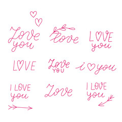 Love, love you. Happy Valentine’s day lettering quotes set. Monoline hand lettering. 14 February St Valentine holiday greeting card design elements. Handwritten romantic monoline calligraphy. 