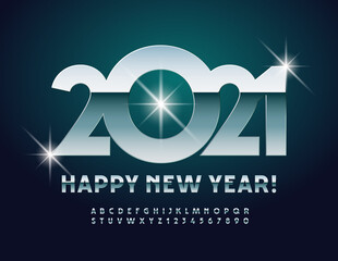Vector greeting card Happy New Year 2021! Modern metallic Font. Glossy silver Alphabet Letters and Numbers set
