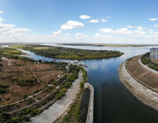 The confluence of the Volga River and the Volga-Don Lenin Shipping Canal. Volgograd. Russia.