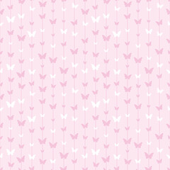 Pastel pink and white butterfly seamless repeat pattern background with stripes. Girly, pretty pattern design.