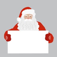 Flat Santa Claus characters with beard in traditional red costume holds a banner or postcard. Father Frost with big signboard.