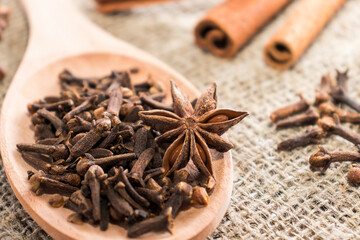 Clove spice and badyan close-up in a wooden spoon. Natural herbal plant, spices seasoning conceptual
