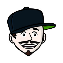 comic head of a boy tilted from the side with cap. laugh, snout, avatar, goatee.