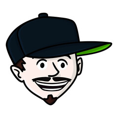 comic head of a boy from the side with cap. laugh, snort, avatar.