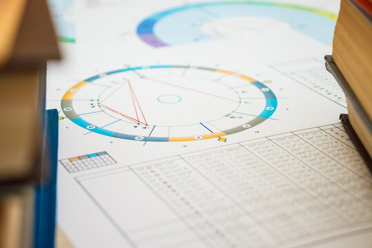 Workplace of a modern astrologer. Lying on the table are printouts of clients astrological charts. Stacks of astrology books, yellowed with age.