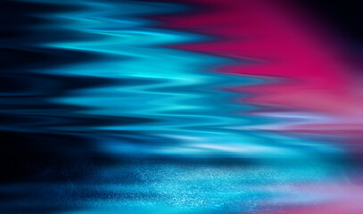 Dark abstract background with ultraviolet neon glow. Blurry neon waves. Light effect. Reflection on the asphalt. 3d illustration