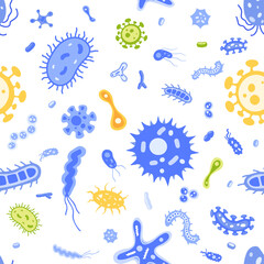 Vector seamless pattern: flat virus and microbe illustrations. Bacterium icon set. Colourful cartoon amoebas and bacillus texture. Beautiful collection of microorganisms.
