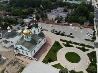 Christian temple in the center of the village from above