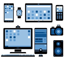 Set of stylized electronic devices.
Stylized images of home electronics and gadgets. Desktop Computer Stylized Vector illustration. 