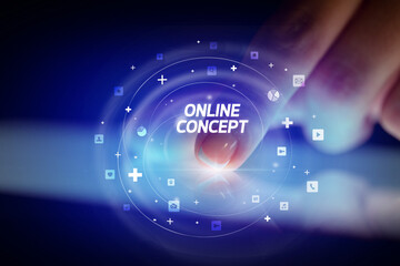 Finger touching tablet with social media icons and ONLINE CONCEPT