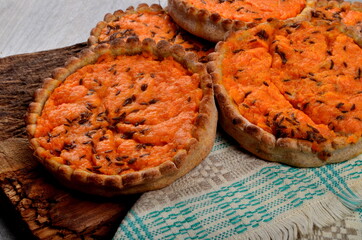 Traditional Latvian carrot at the sklandrausis. Latvian dessert at Sklandrausis with carrot and rye dough