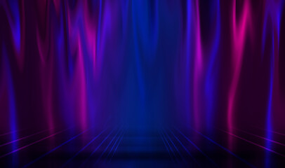 Dark abstract background with ultraviolet neon glow. Blurry neon waves. Light effect. Reflection on the asphalt. 3d illustration