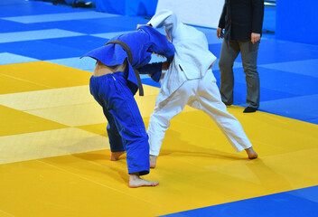 Naklejka premium Two Girls judoka in kimono compete on the tatami 