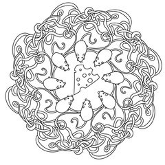 Abstract tangled mandala with cute mice around a piece of cheese and intertwined ribbons around the edge, animal antistress coloring page