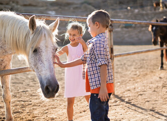 Happy small children caring a horse with caress - Kids and animal love