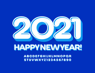Vector trendy greeting card Happy New Year 2021!  3D White and Blue Font. Modern Alphabet Letters and Numbers set