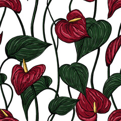 Anthurium flowers seamless pattern. Hand drawn vector illustration. Realistic tropical botanical background. Exotic plants sketches. Colored vintage design for print, fabric, textile, wrap, wallpaper.