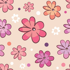 Vector cartoon flowers on a dark background in seamless pattern