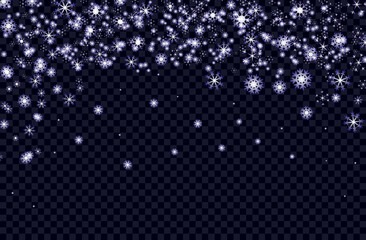 Falling snowflakes on black background. Christmas snow.  Snowfall Winter Christmas Background. Christmas background with falling snowflakes.Vector illustration