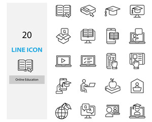 set of online education thin line icons, elerning, study at home