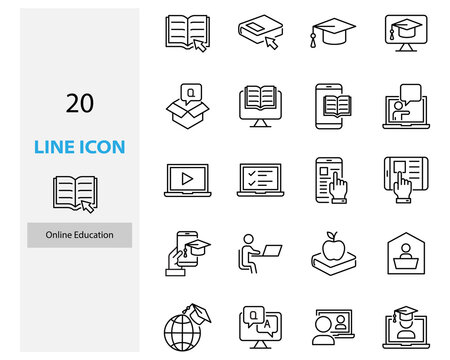 set of online education thin line icons, elerning, study at home