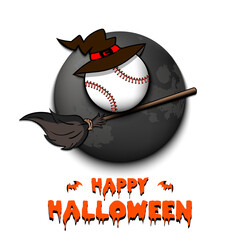 Happy Halloween. Baseball ball with witch hat on a broomstick against the background of the moon. Pattern for banner, poster, greeting card, flyer, party invitation. Vector illustration