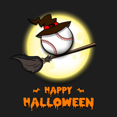 Happy Halloween. Baseball ball with witch hat on a broomstick against the background of the moon. Pattern for banner, poster, greeting card, flyer, party invitation. Vector illustration