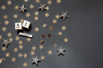 Happy new year 31 December white cubes with numbers and gold stars