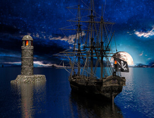 Pirate sailship near the old lighthouse with fire at moonlight © akarb