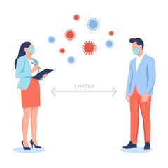Social distancing. man and woman keep distance for infection and disease, wearing protective face mask. flat design illustration
