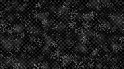 Christmas illustration of snowflakes of different shapes, sizes and transparency in white colors on transparent background