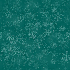 Christmas seamless pattern of snowflakes of different shapes, sizes and transparency, on turquoise background