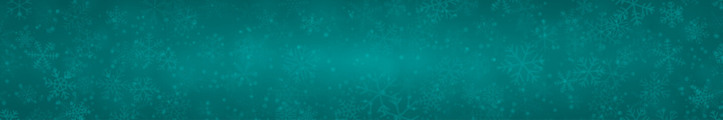 Christmas banner of snowflakes of different shapes, sizes and transparency on light blue background