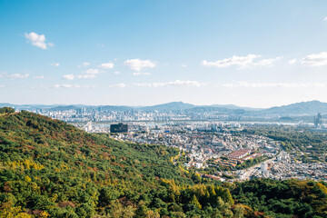 Panoramic view of Seoul city and mountains from Namsan tower in Seoul, Korea