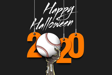 Happy Halloween. Numbers 2020 year hanging on strings and zombie hand is holding a baseball ball.  Pattern for banner, poster, greeting card, flyer, party invitation. Vector illustration