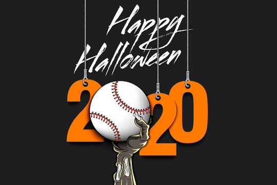 Happy Halloween. Numbers 2020 Year Hanging On Strings And Zombie Hand Is Holding A Baseball Ball.  Pattern For Banner, Poster, Greeting Card, Flyer, Party Invitation. Vector Illustration