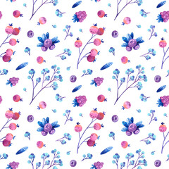 Seamless pattern with blue, violet, and pink stylized berries and leaves. Wallpaper, wrapping paper design, textile, scrapbooking, digital paper. Watercolor hand drawn illustration