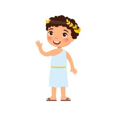 Little boy in an antique costume of the ancient Greek waves his hand. Cartoon character. Flat vector illustration.