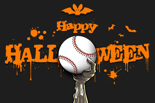 Happy Halloween. Zombie Hand Is Holding A Baseball Ball. Template Baseball Design. Grunge Style. Pattern For Banner, Poster, Greeting Card, Flyer, Party Invitation. Vector Illustration