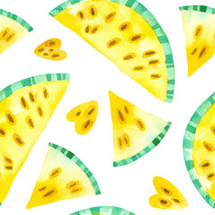 Yellow watermelons drawings seamless pattern. Summer tropical fruits hand drawn texture. Watercolor creative wallpaper, wrapping paper, textile design, scrapbooking, digital paper..
