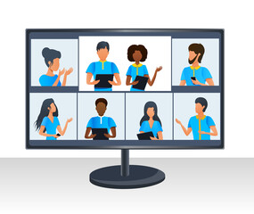 Multiracial business team at online meeting in video conference using computer. Learning online in teleconference. Group video conference with coworkers. Remote work. Working from home