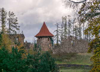 landscape with castle ruins, autumn day, Ergeme castle was built around 1320, the castle was a convent-type castle, with two large fortification towers, Ergeme castle ruins in autumn